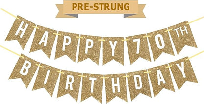 Netnology Pre-Strung Gold Glitter 70th Happy Birthday Banner Decorations | 12 by Netnology