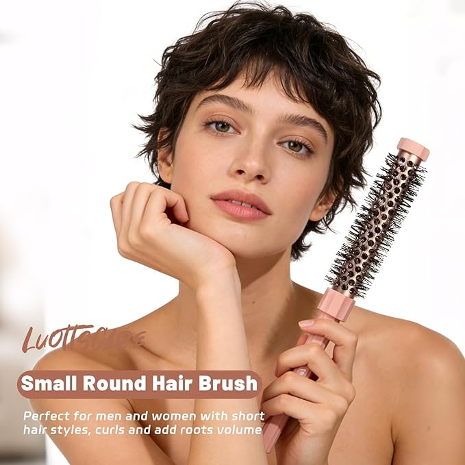 Small Round Hair Brush Pink - Boar Bristle&Nylon Mixed Bristles for Smoothing, Volumizing & Frizz Control - Mini Blow Dry Styling Brush for Fine Hair, Smooth Curls and Salon Blowout at Home