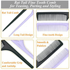 Rat Tail Comb, 2Pcs Teasing Combs with Parting Tip Styling Sectioning Braiding Fine Tooth Comb, Anti Static Hair Detangling Rattail Parting Combs for Women and Men, Fit All Hair Types (Purple, Black)