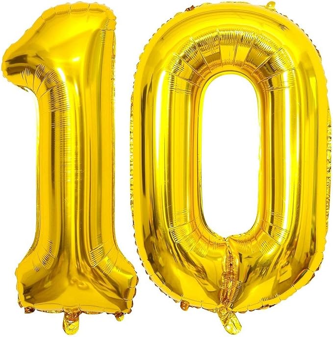 Gold 10 Number Balloons, 40 Inch Giant Number 10 Balloons Foil Mylar Helium by Lovoir