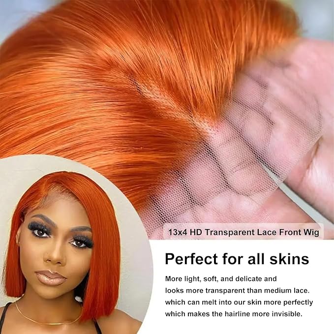 Ginger Orange Bob wig Human Hair 350# Colored Bob Wig 13x4 HD Transparent Lace Frontal Wigs Human Hair Straight Short Bob Wigs for Black Women (16inch, Ginger Bob Wig)