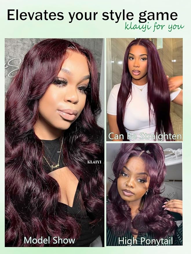 KLAIYI Black Cherry Loose Body Wave Pre Eeverything 13x4 Lace Frontal Wigs Human Hair Bye Bye Knots Glueless Ready to Wear and Go Wig with Face Framing Bangs Drawstring Pre Plucked Burgundy Wig 24Inch