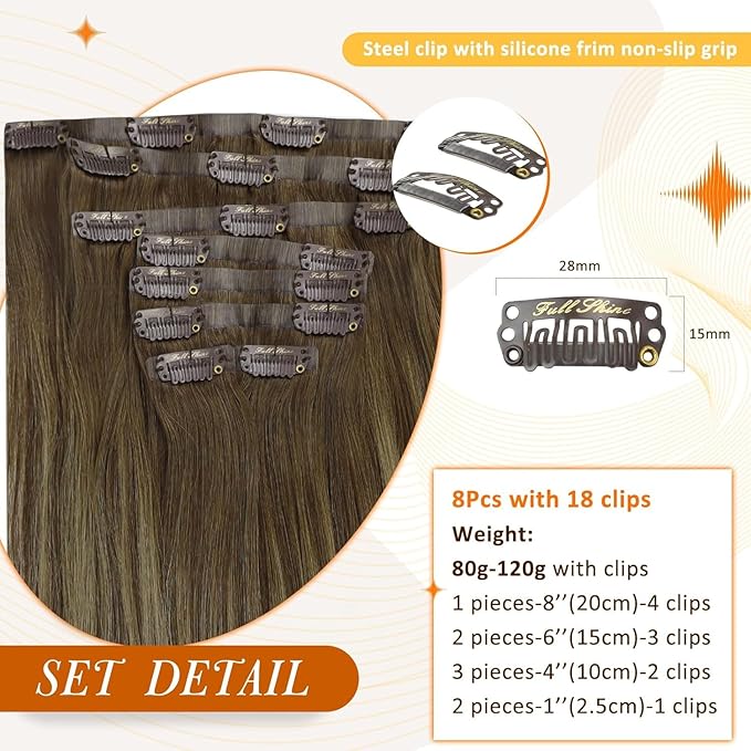 Full Shine Clip in Human Hair Extension Brown to Honey Blonde Mix Brown Seamless Hair Extensions Straight Remy Hair With PU Weft 8 Pcs 120 Grams 22 Inch