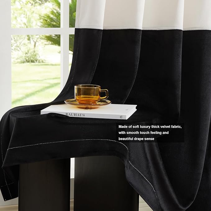 Modern Cream White Black Decorative Velvet Curtains 63 inches 2 Panels | Color - Image 5