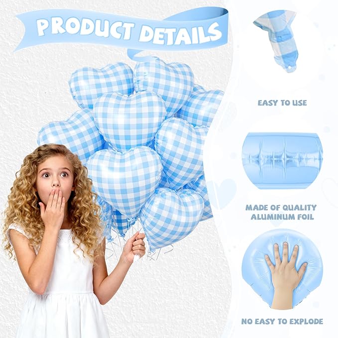 Blue White Checkered Heart Balloons, 18 Inch Lattice Foil Valentines Balloons - Image 3