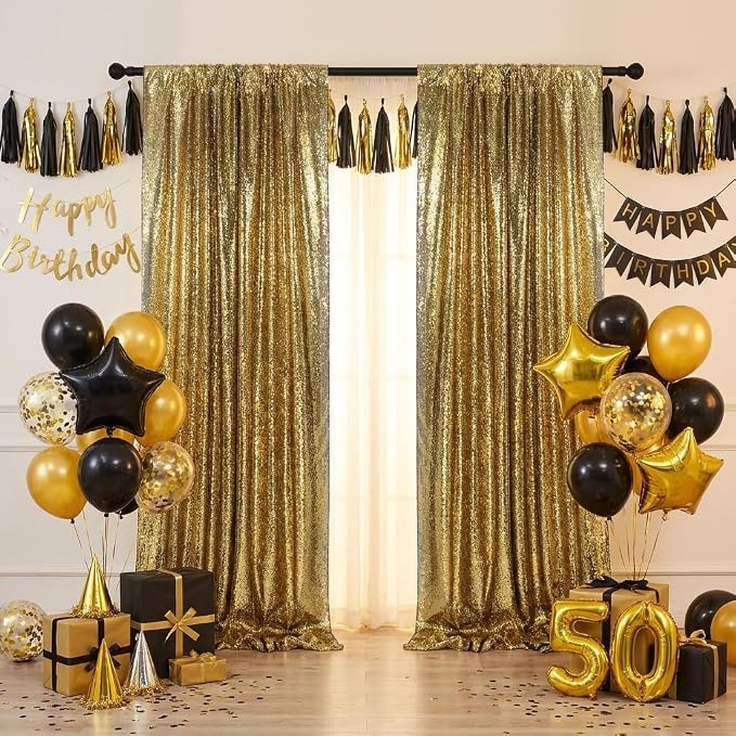 Black Gold Sequin Backdrop Curtains Party Glitter Drapes 2 Pcs 2FTx8FT | - Image 5