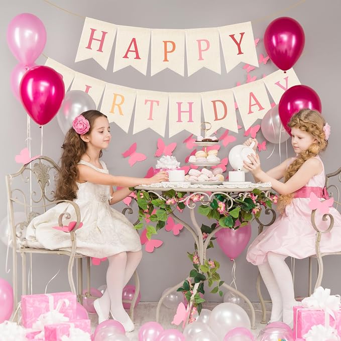 Doumeny Happy Birthday Burlap Banner Boho Birthday Garland Bunting Ombre Pink - Image 3