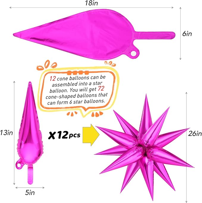 Hot Pink Star Balloons, Explosion Cone Mylar Spike Balloon - Image 5