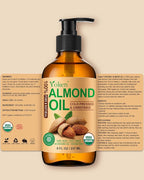 Organic Almond Oil 8 fl oz, USDA 100% Pure Natural Cold Pressed Almond Oils in Glass Bottle, Moisturizing Carrier Oil for Face, Hair & Body - Ideal for Skin Care, Soothing Massage & DIY Beauty