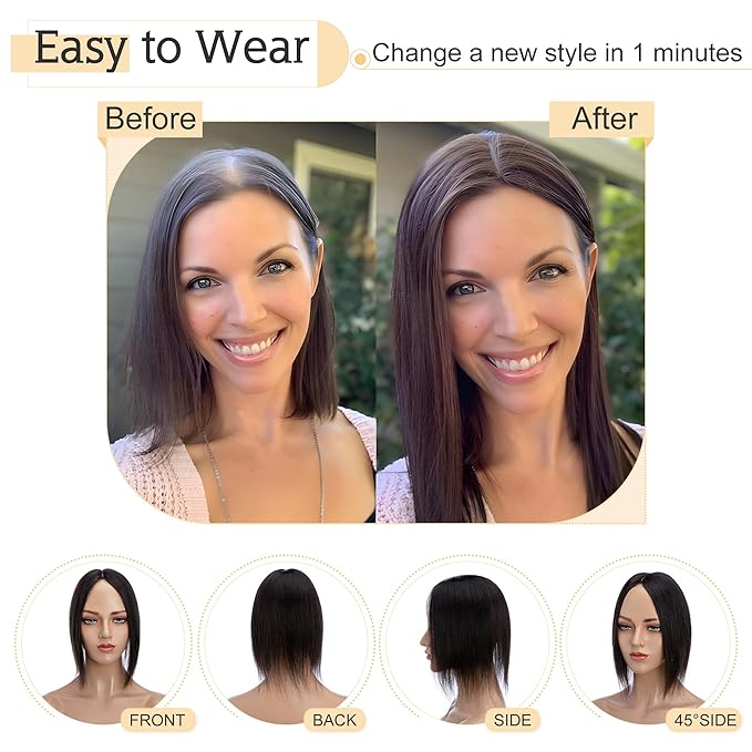 SEGO Human Hair Toppers for Women With Thinning Hair, 7 * 13CM Silk Base 100% Real Human Hair Clip in Top Wiglet Hairpieces -18 Inch No Bangs Natural Black