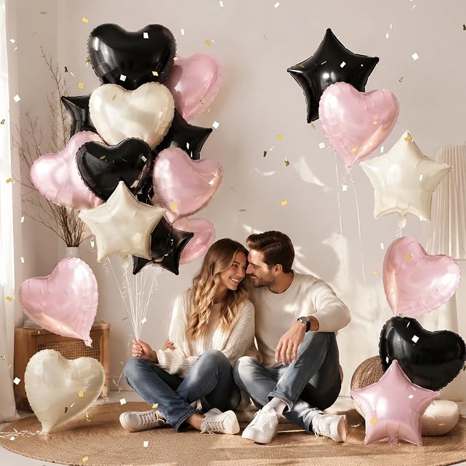 TONIFUL 18 Inch Pink and Black Star and Heart Foil Balloons - Image 5