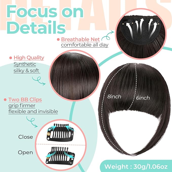 Clip in Bangs, Synthetic French Bangs Hair Clip, Fake Bangs Fringe with Temples Hairpieces for Women Natural Curved Hair Extensions for Daily Wear Black Brown