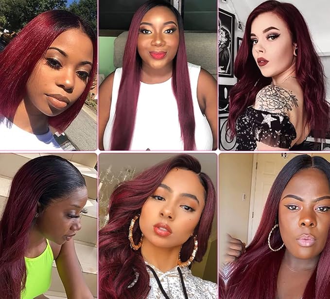 Ombre Bundles Human Hair Burgundy Straight Bundles 16 18 20 Inch Niegmeag 2 Tone Black and Red Bundle Double Weft 1B99J Straight Bundle Hair Weave 150g