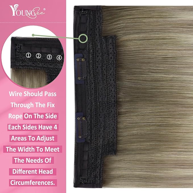 YoungSee Wire Hair Extensions for Women Ombre Invisible Wire Hair Extensions Human Hair Balayage Ash Blonde Ombre Platinum Blonde Fish Line Extensions Real Human Hair 80g 18In