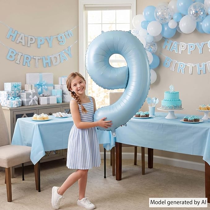 Pastel Blue Number 9 Balloon 40 Inch, Foil Sky Numeral Party Supplies | - Image 6
