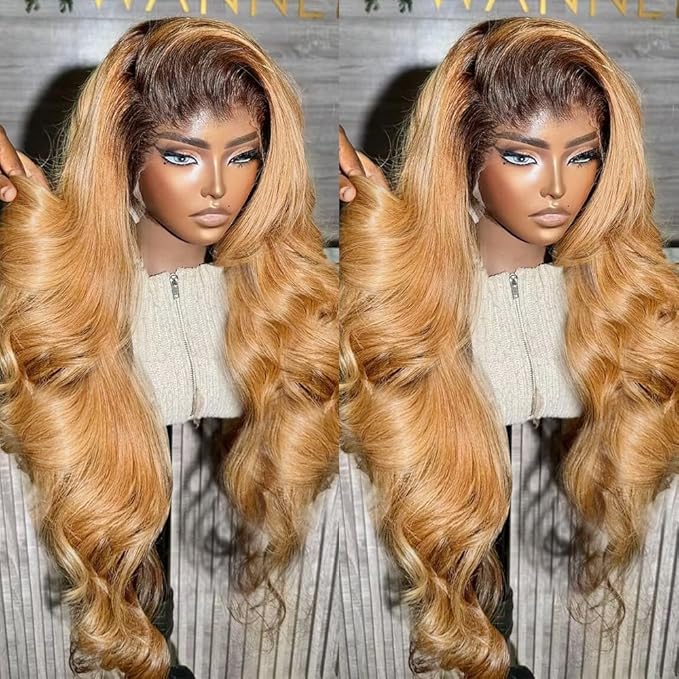 Honey Blonde Lace Front Wigs Human Hair 13x6 Ombre HD Transparent Lace Frontal Wig 12A Body Wave Ombre Blonde 1B/27 Lace Front Wigs Highlight Glueless Human Hair Wigs for Women Pre Plucked 26inch
