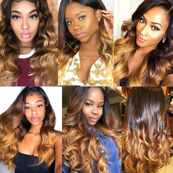 28 30 32 Inch Ombre Brown Bundles Human Hair Blonde Body Wave Bundles Niegmeag Virgin Soft and Silky Remy Hair Extensions Double Weft 2 Tone Light Brown and Honey Blonde Bundle Hair Weave