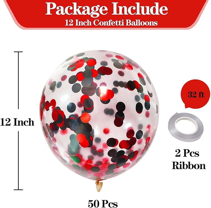 50pcs Black and Red Foil Confetti Balloons, 12 inch Latex Balloon - Image 2