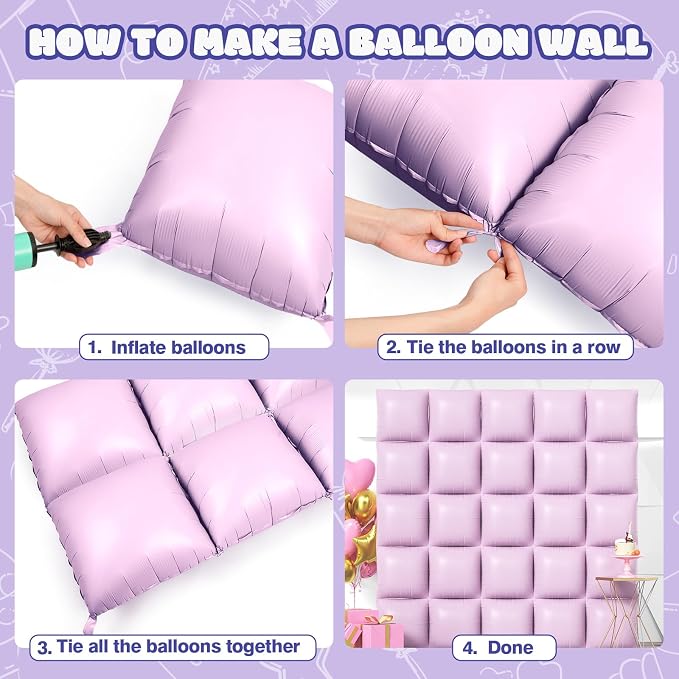 NISOCY 25PCS Matte Pastel Purple Square Foil Balloons Wall Backdrop | Double - Image 4
