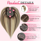 Hair Toppers for Women Real Human Hair Topper for Women with No Bangs Hairpieces Comfortable and Breathable 10 Inch Swiss Base 3D 360°Cover (Ombre Light Brown with Blond Highlight, 10 Inch-3D-Side)