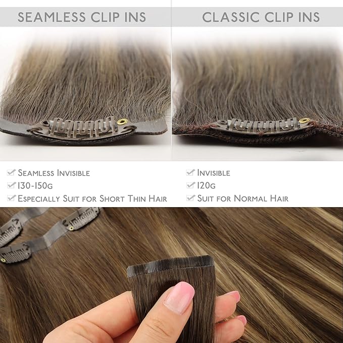 WENNALIFE Seamless Clip In Hair Extensions, 20 Inch 150g 7pcs Balayage Chocolate Brown to Caramel Blonde Hair Extensions Clip In Human Hair Invisible PU Skin Weft Natural Remy Human Hair Extensions