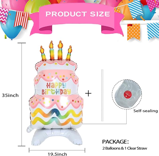 35" Pink Self-Standing Happy Birthday Mylar Balloons 2pk | birthday cake balloon - Image 2
