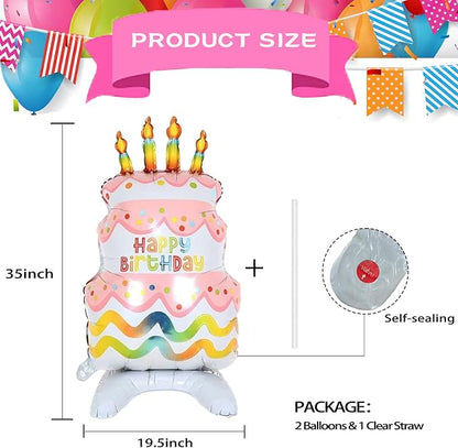 35" Pink Self-Standing Happy Birthday Mylar Balloons 2pk | birthday cake balloon - Image 2