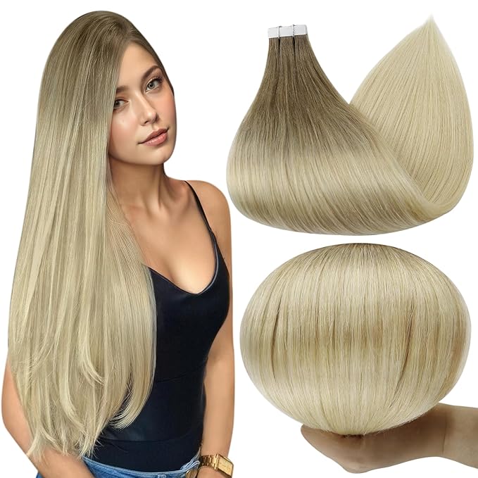 Full Shine Blonde Tape in Hair Extensions Human Hair 12 Inch Tape in Extensions Straight 3 Dark Brown Ombre 8 and 613 Bleach Blonde Double Sided Tape in Human Hair Extensions 30G 20Pcs for Wedding