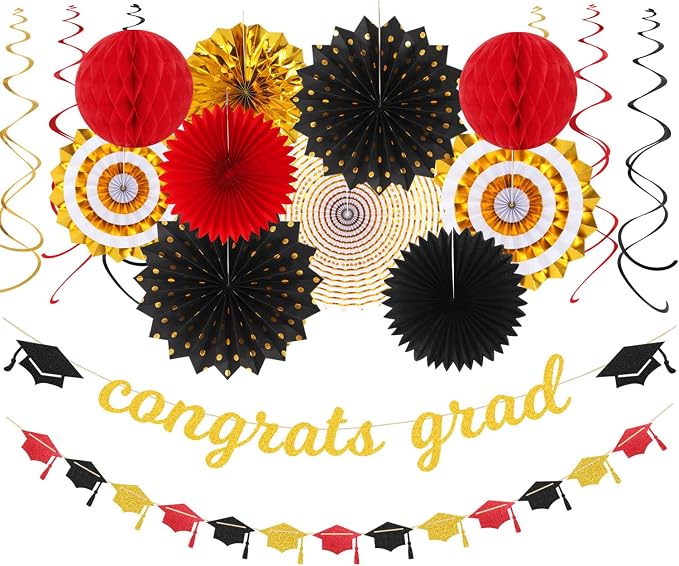 Red-Black Gold Party-Decorations Graduation Banner-Streamers by Panduola