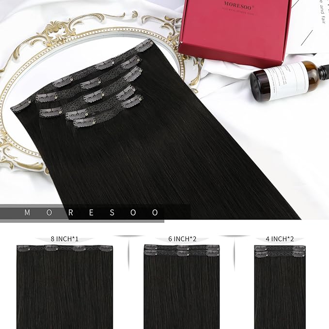 Moresoo Jet Black Human Hair Clip in Extensions Black for Women Remy Hair Extensions Clip ins Short Double Weft 80g/5pcs 10 inch