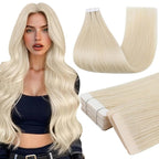 Full Shine Injected Tape in Extensions Color 1000 Blonde Invisible Tape in Hair Extensions Human Hair 20Inch 20Pcs 50Grams Real Human Hair Extensions Soft and Natural Add Length for Party Wedding