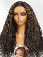 Julia Hair Golden Brown Highlight Water Wave and Jerry Curly Wig Mixed Curls 13X4 Lace Front Pre Everything Wigs Glueless Human Hair Lace Frontal with Invisi Drawstring Ready to Go 26 Inch
