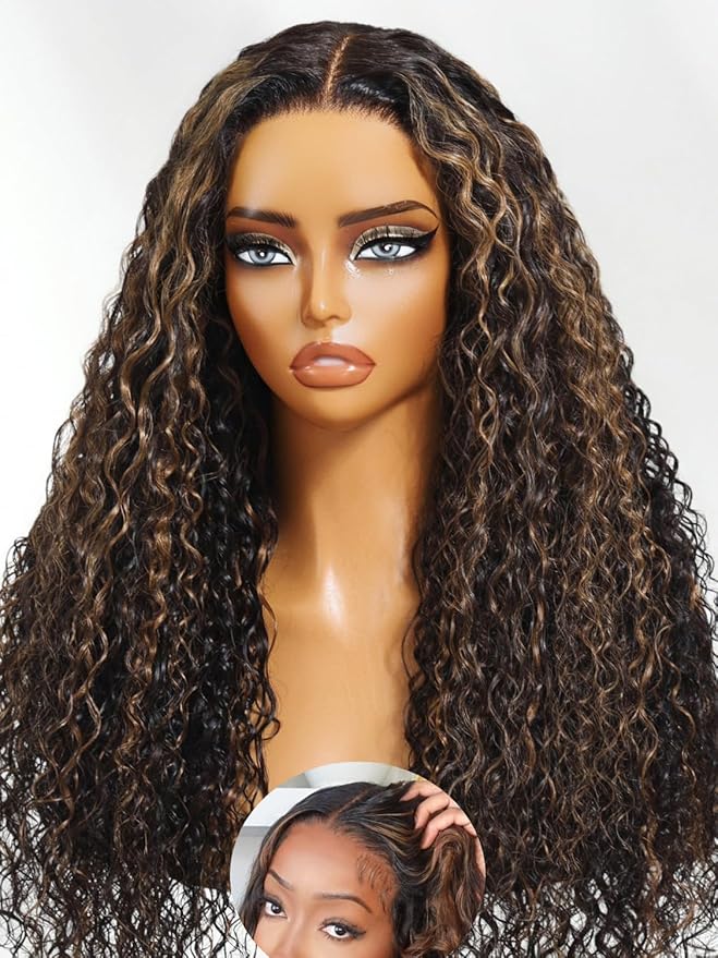 Julia Hair Golden Brown Highlight Water Wave and Jerry Curly Wig Mixed Curls 13X4 Lace Front Pre Everything Wigs Glueless Human Hair Lace Frontal with Invisi Drawstring Ready to Go 18 Inch