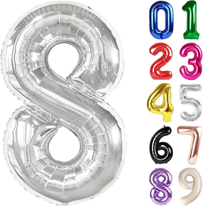 8 Balloon - Silver Birthday Number Balloons, 40 Inch Decorations Men Women | by ALPHADELTAPI