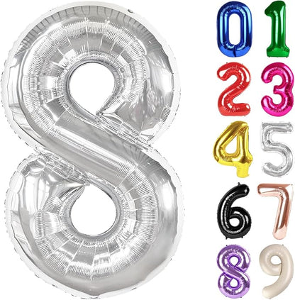 8 Balloon - Silver Birthday Number Balloons, 40 Inch Decorations Men Women | by ALPHADELTAPI