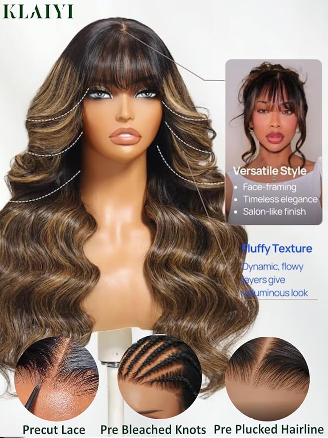 KLAIYI Ombre Brown Loose Body Wave Bye Bye Knots Glueless Precut 7x5 HD Lace Front Human Hair Bang Wig Drawstring Highlight Balayage Brown Pre Plucked Bleached 30S Ready to Wear and Go Wig 180% 22Inch