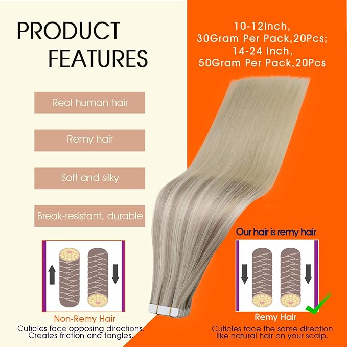Full Shine Tape Hair Extensions 20Inch Tape in Extensions 18 Ash Blonde Ombre 22 and 60 Platinum Blonde Real Human Hair Extensions 20Pcs Seamless Invisible Human Hair 50G for Wedding