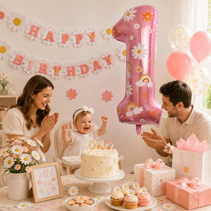1st Birthday Daisy Balloon, 40 Inch Pink Number 1 Boho Party Decor | Daisy - Image 2