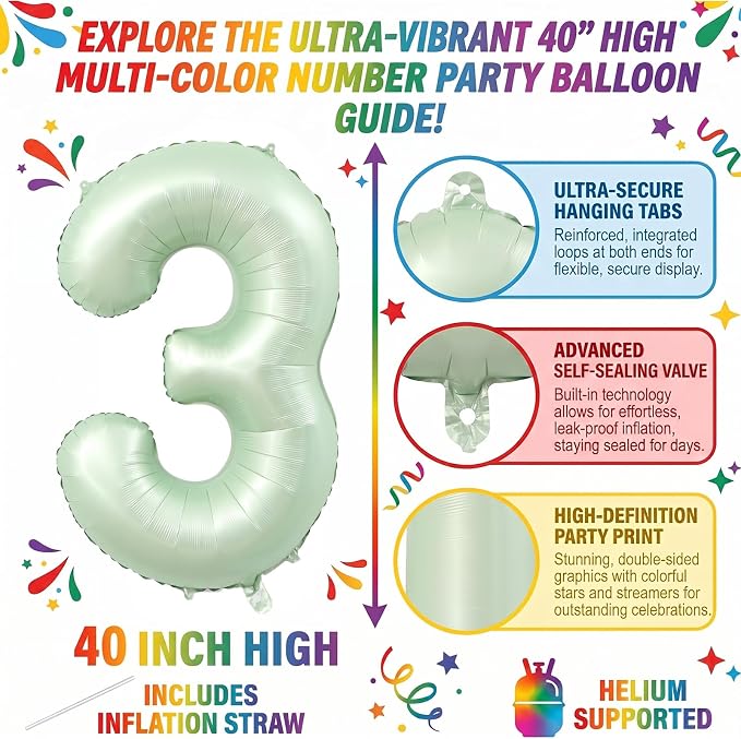 40 Inch Balloon Number 13 Olive Green Large Foil Number Balloons Set 0-20 | - Image 2