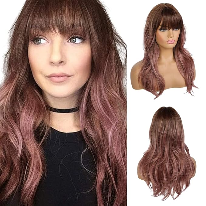 EMMOR Long Wavy Wigs with Bangs for Women, 20 Inch Natural Curly Hair With Air Bang Synthetic Ombre Wigs, Party Cosplay Daily Use