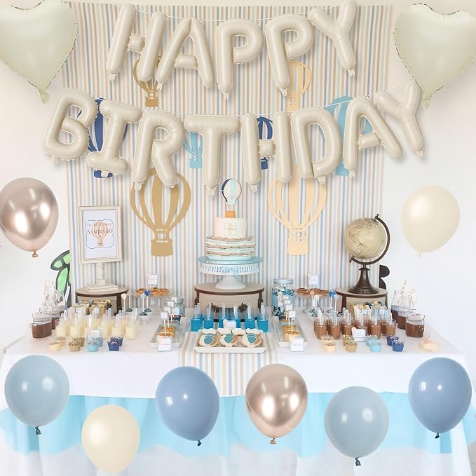 Happy Birthday Balloon Banner Cream Blue, 16 Inch Beige Mylar Letters Heart - Image 7