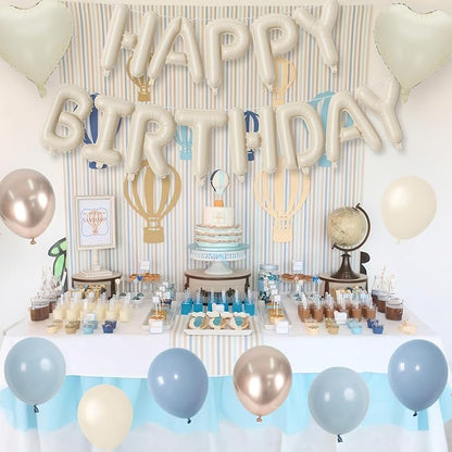 Happy Birthday Balloon Banner Cream Blue, 16 Inch Beige Mylar Letters Heart - Image 7