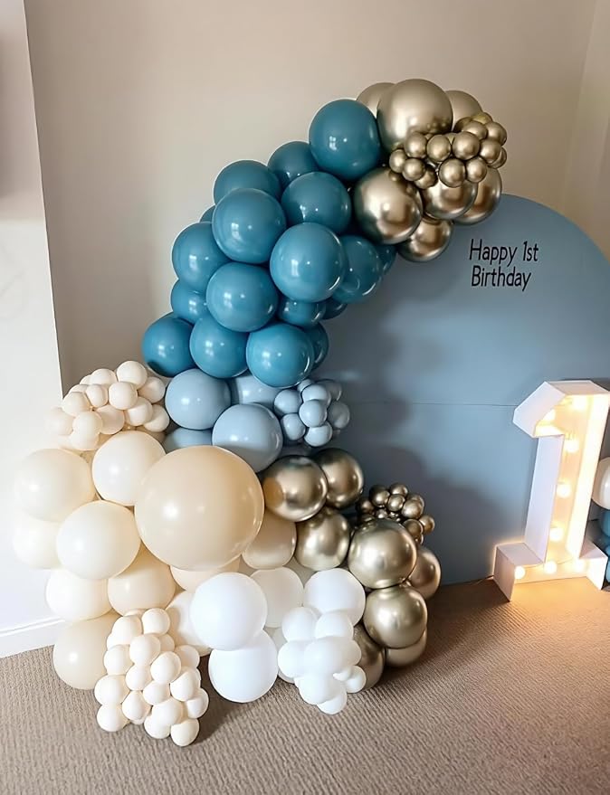Dusty Blue Balloon Arch Garland Kit, Slate Fog, Baby Blue and Gold Balloons - Image 3