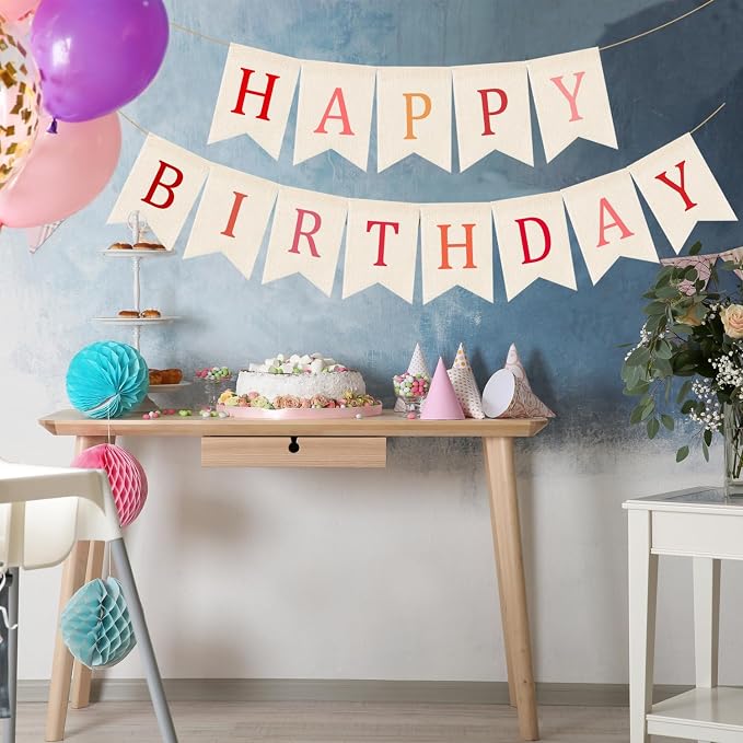 Doumeny Happy Birthday Burlap Banner Boho Birthday Garland Banner Red Bohemian - Image 7