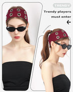 Grommet Headband for Women, Wide Burgundy 20cm Hollow Out Elastic Hair Band, Eyelets Punk Grunge Stylish Hairband