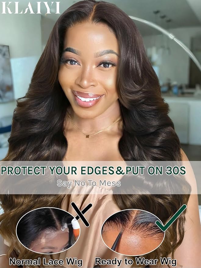 KLAIYI Ombre Brown Loose Body Wave 13x4Pre Everything Lace Frontal Chestnut Brown Drawstring Wig with Face Framing Layers Precut Lace Pre Plucked Bleached Bye Bye Knots Ready to Wear and Go Wig 20Inch