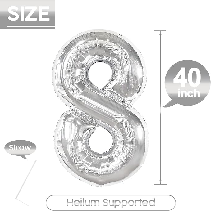 8 Balloon - Silver Birthday Number Balloons, 40 Inch Decorations Men Women | - Image 5