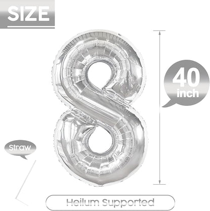 8 Balloon - Silver Birthday Number Balloons, 40 Inch Decorations Men Women | - Image 5