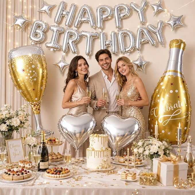 Silver Happy Birthday Balloons Banner, Champagne Bottle Glass Foil Balloon - Image 4