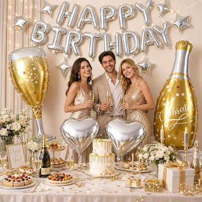 Silver Happy Birthday Balloons Banner, Champagne Bottle Glass Foil Balloon - Image 4
